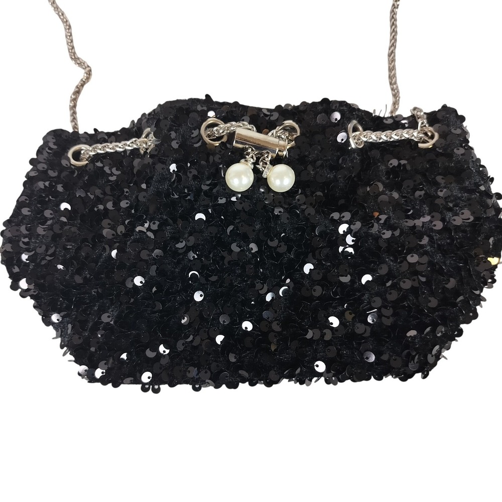 Vintage‎ Sequin Evening Purse Faux Pearl Drawstring Pouch Bag Small Black